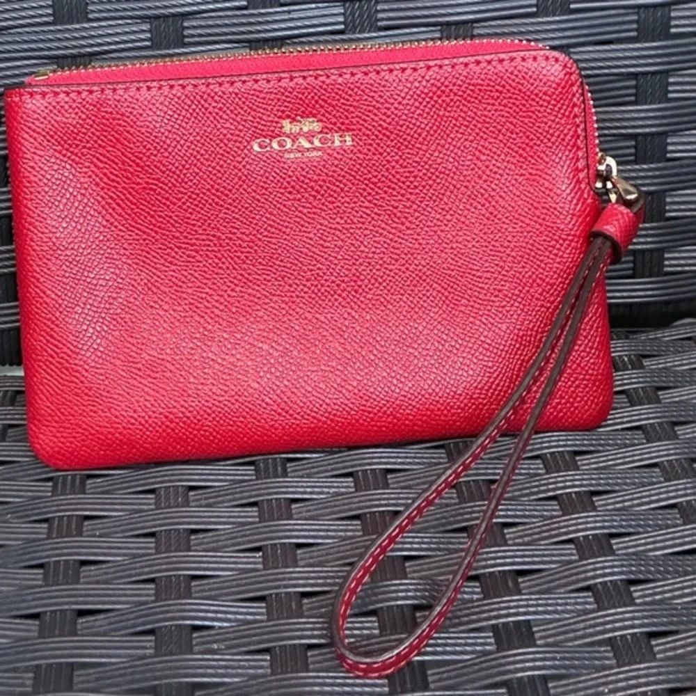 Coach Red Pebbled Leather Wristlet with Gold Logo